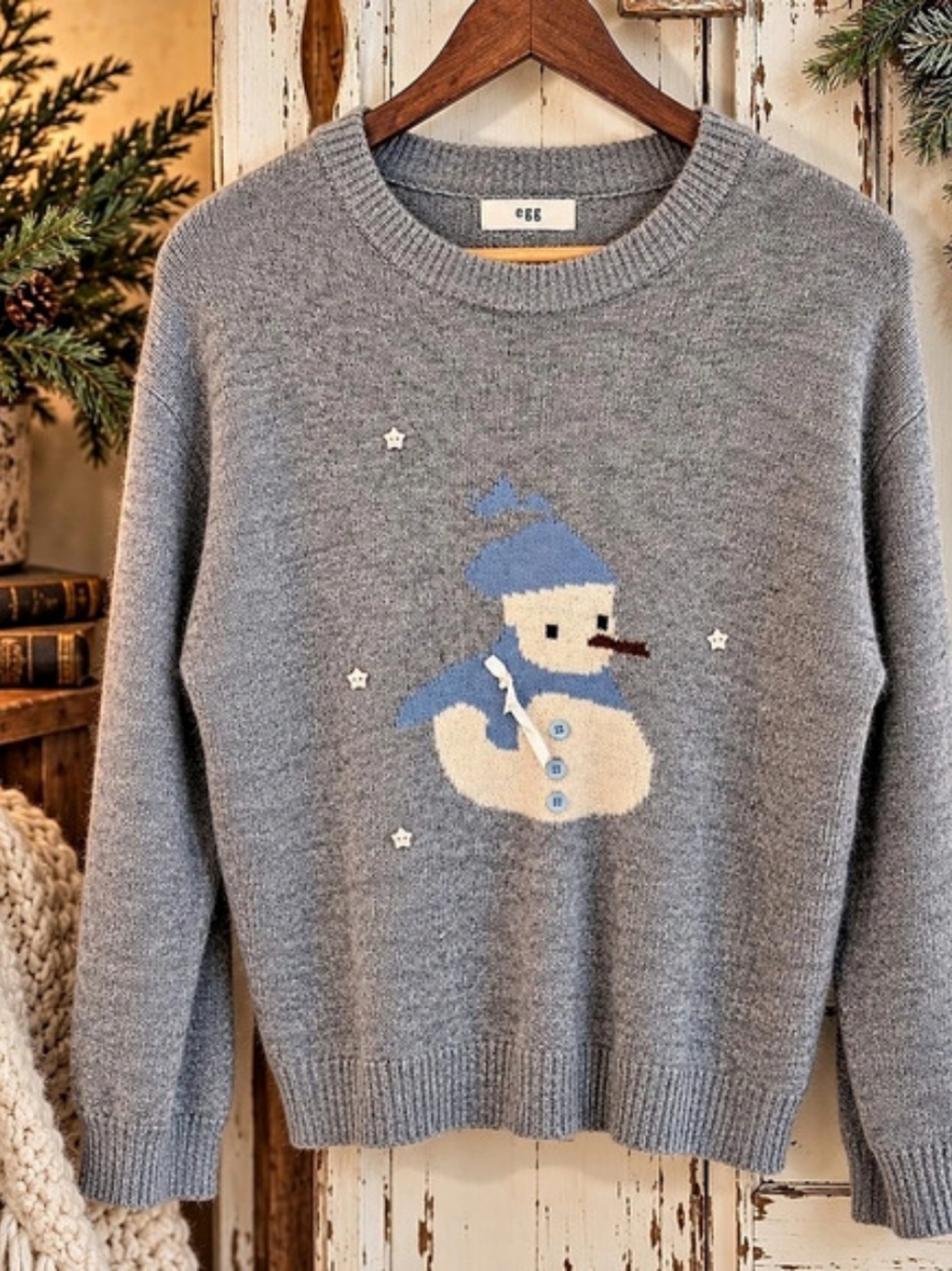 Egg Trading Snowman Sweater Grey Blue Luxury Knit Holiday Pullover
